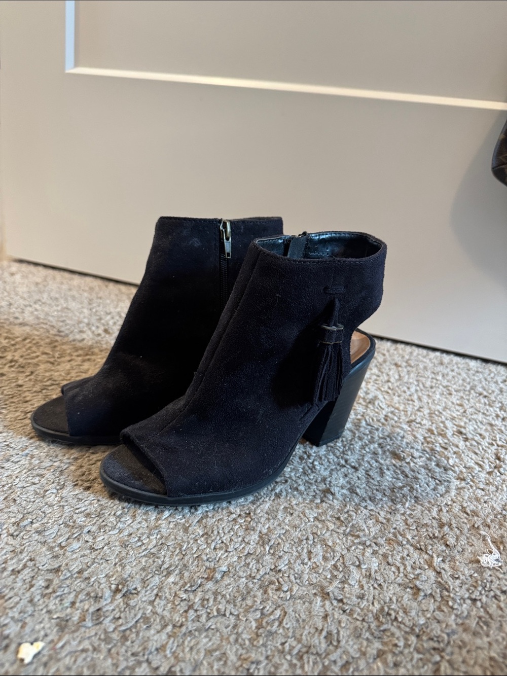 Soda Black Suede Peep-Toe Block Heel Ankle Boots